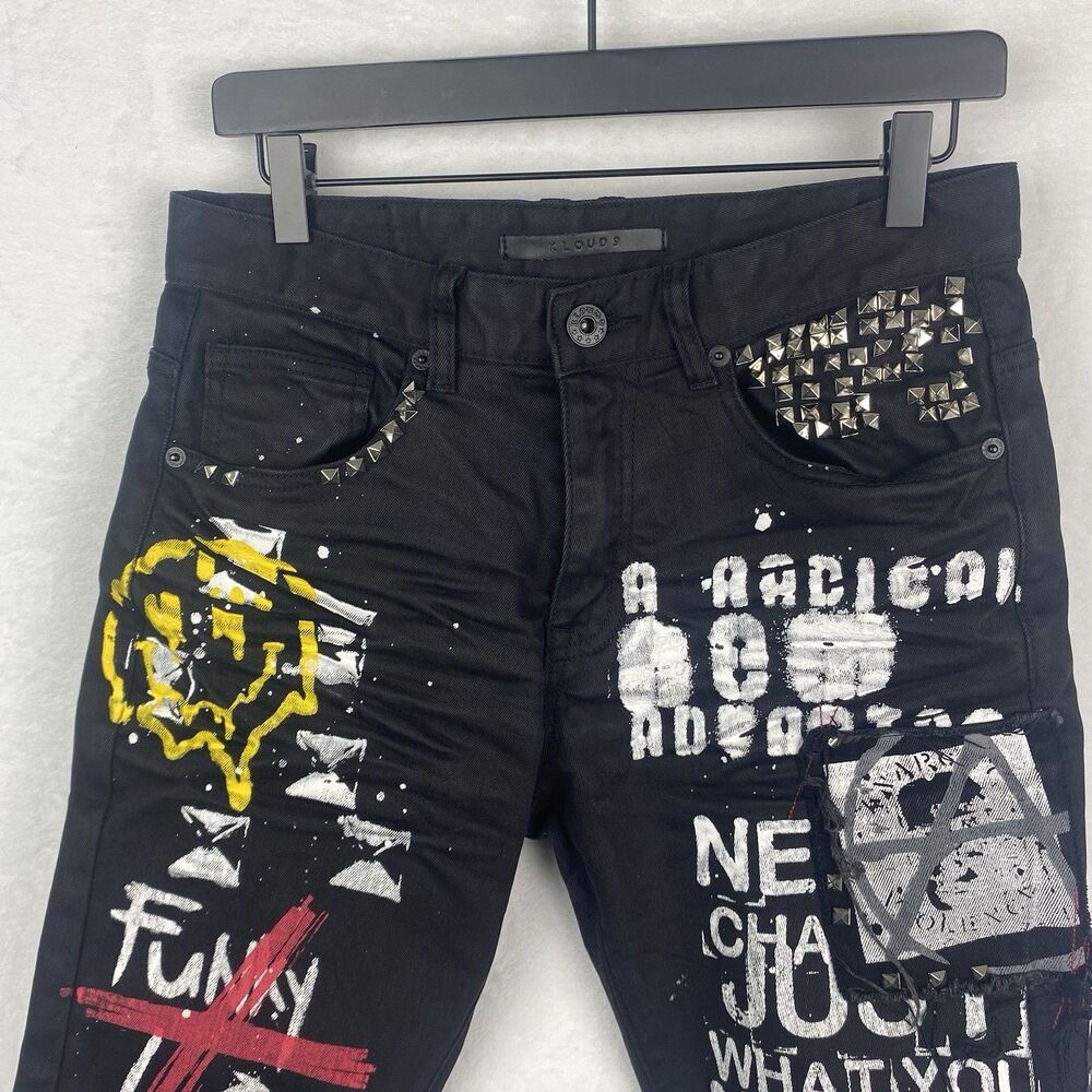 Kloud 9 Jeans Size 30/32 Black Painted Studded Design Streetwear Pockets Casual - Picture 3 of 16